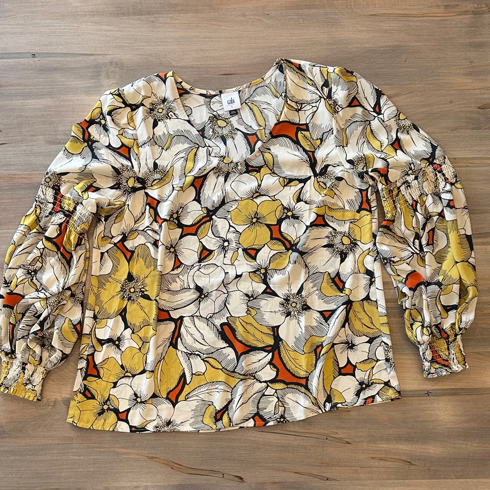 CAbi Yellow Orange Floral V-Neck Puff Sleeve Blouse